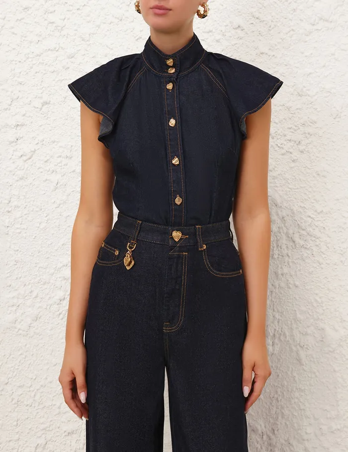 Women Zimmermann Tops Crush Flutter Sleeve Shirt Night Sky