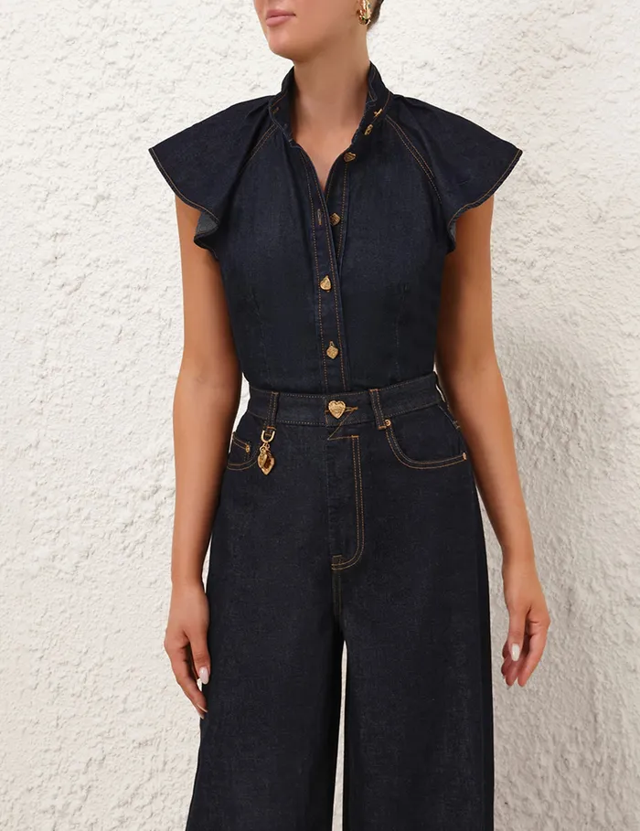 Women Zimmermann Tops Crush Flutter Sleeve Shirt Night Sky