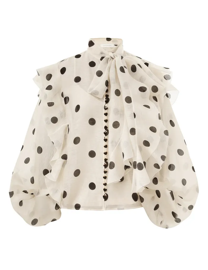 Women Zimmermann Tops Crush Tie Neck Ruffle Blouse Creamblack Dot