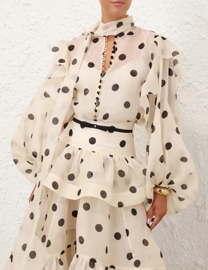 Women Zimmermann Tops Crush Tie Neck Ruffle Blouse Creamblack Dot