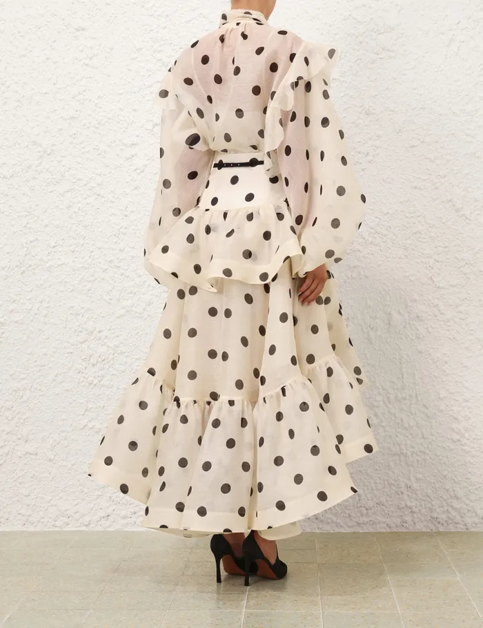 Women Zimmermann Tops Crush Tie Neck Ruffle Blouse Creamblack Dot