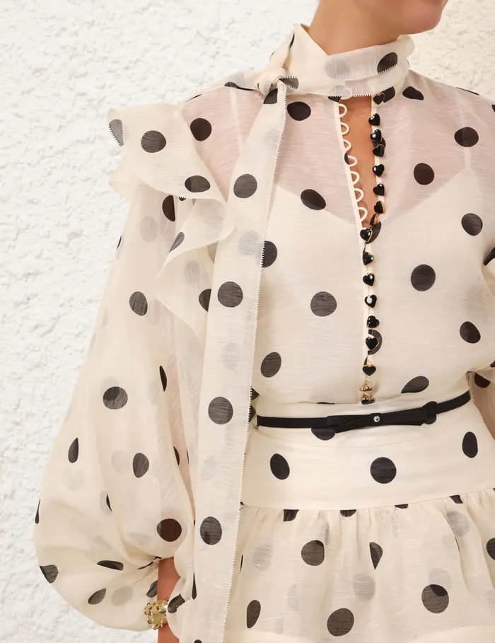 Women Zimmermann Tops Crush Tie Neck Ruffle Blouse Creamblack Dot