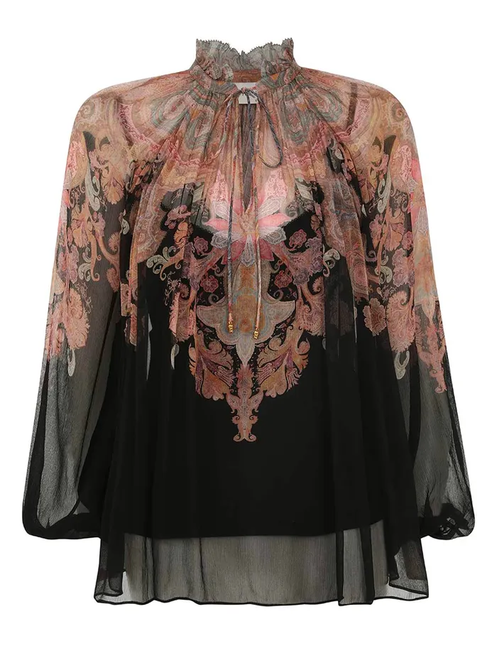 Women Zimmermann Tops Illustration Billow Blouse Black Paisley