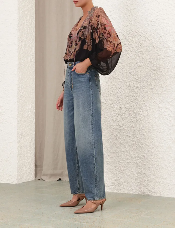 Women Zimmermann Tops Illustration Billow Blouse Black Paisley