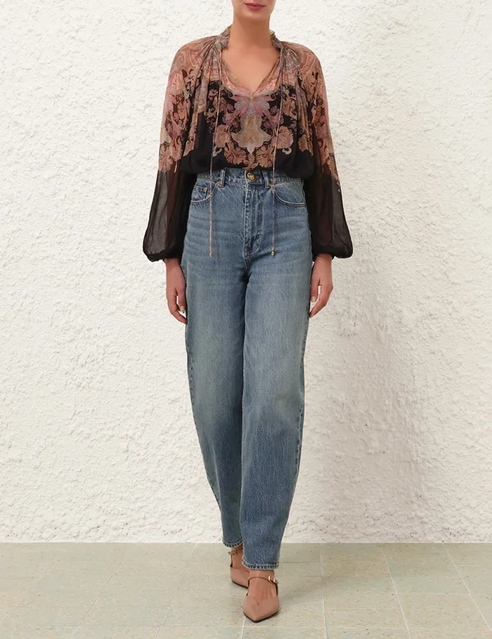 Women Zimmermann Tops Illustration Billow Blouse Black Paisley