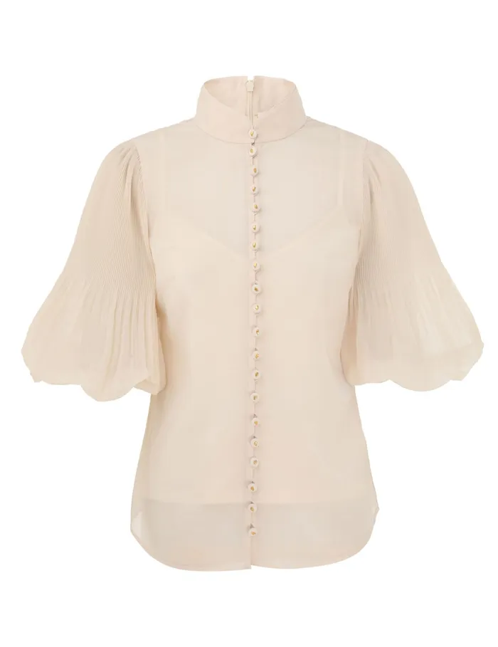 Women Zimmermann Tops Pleated Buttoned Blouse Cream