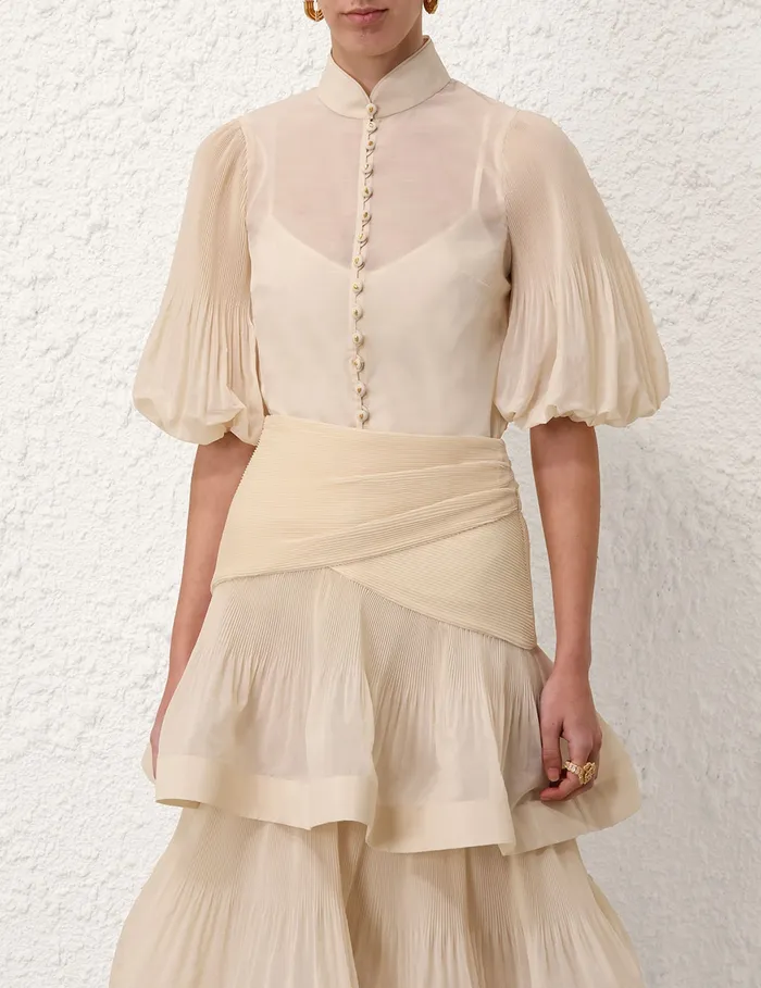 Women Zimmermann Tops Pleated Buttoned Blouse Cream