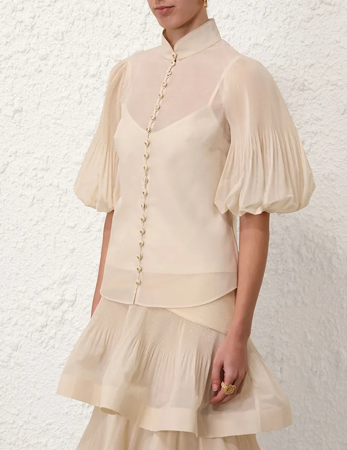 Women Zimmermann Tops Pleated Buttoned Blouse Cream
