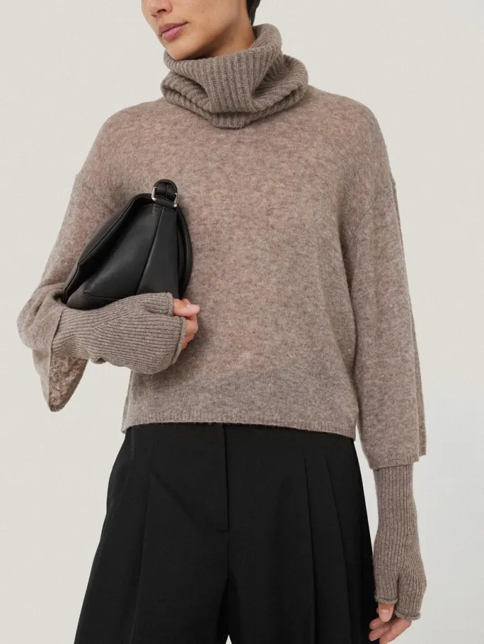 Wool Cashmere Blend Mittens Oatmeal Women Jigsaw Knitwear and Cashmere
