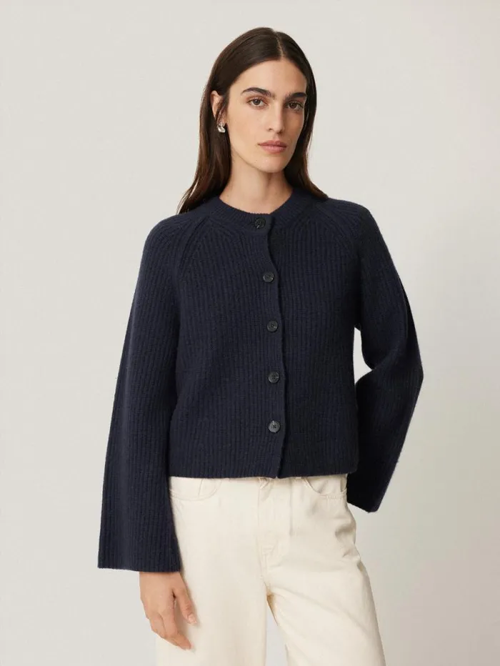 Wool Cashmere Blend Rib Cardigan Navy Women Jigsaw Knitwear and Cashmere