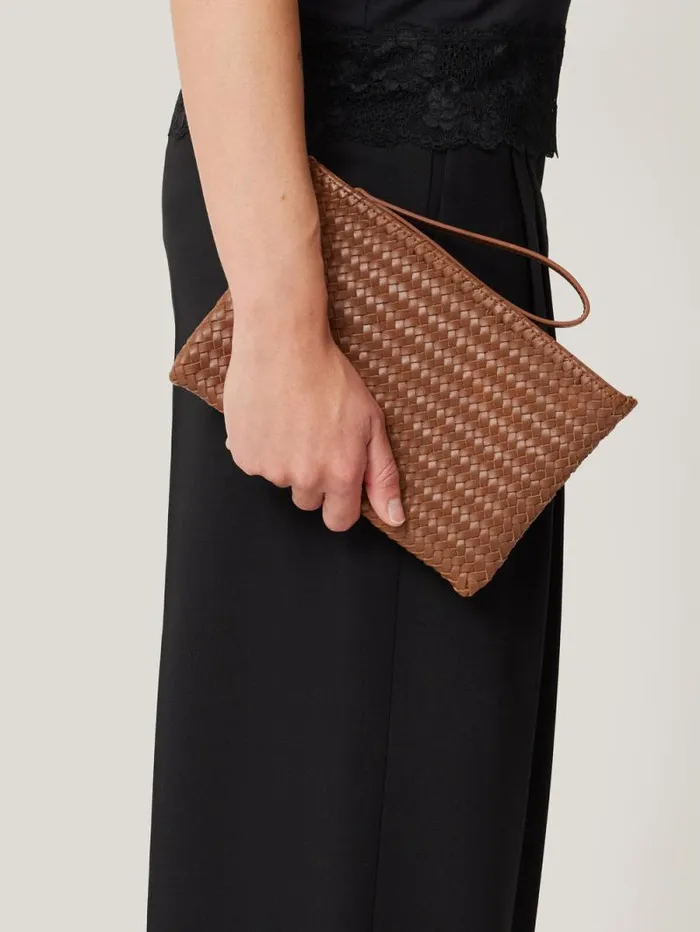 Woven Leather Pouch Tan Women Jigsaw Wallets and Card Holders