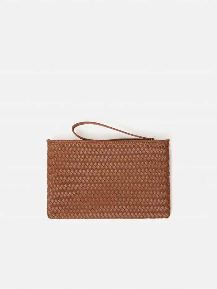Woven Leather Pouch Tan Women Jigsaw Wallets and Card Holders