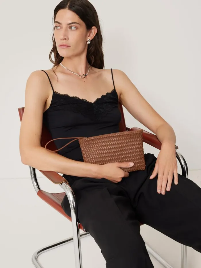 Woven Leather Pouch Tan Women Jigsaw Wallets and Card Holders