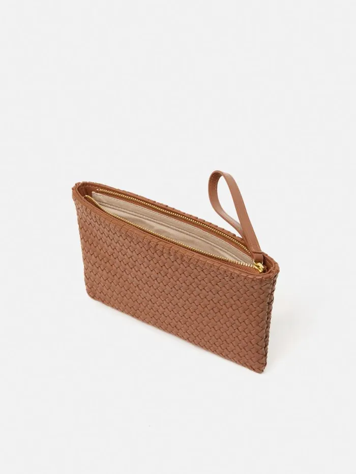 Woven Leather Pouch Tan Women Jigsaw Wallets and Card Holders