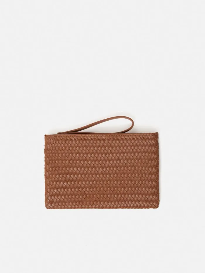 Woven Leather Pouch Tan Women Jigsaw Wallets and Card Holders