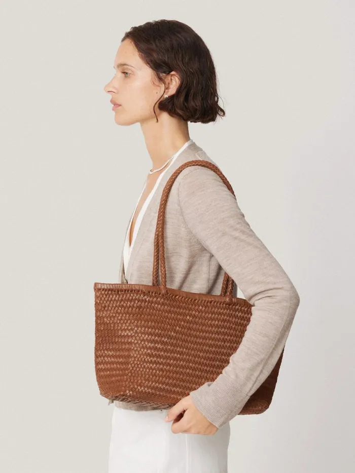 Woven Leather Tote Bag Tan Women Jigsaw Bags