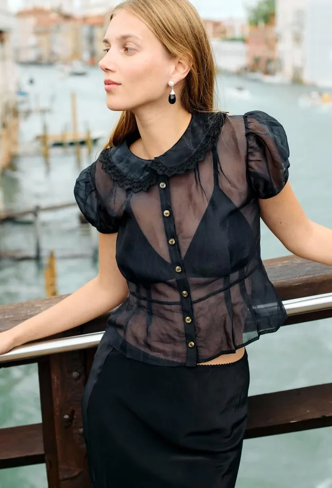 Yvonne Sheer Black Organza Top PreOrder Women Ciao Lucia Short Sleeve Tops